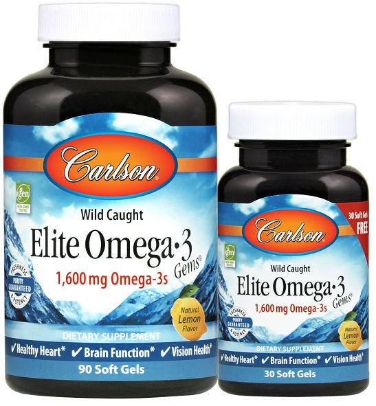 Elite Omega-3 Gems, 1600mg Natural Lemon - 90 + 30 softgels - Carlson Labs - Vaistine1.lt - WestPharmacy.eu