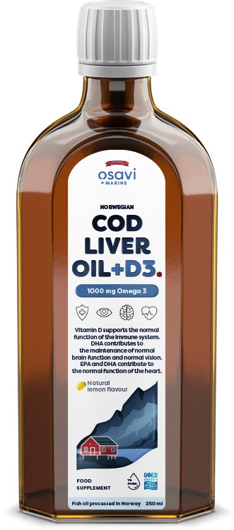 Norwegian Cod Liver Oil + D3, 1000mg Omega 3 (Lemon) - 250 ml - Osavi | WestPharmacy.nl - Fish Oil