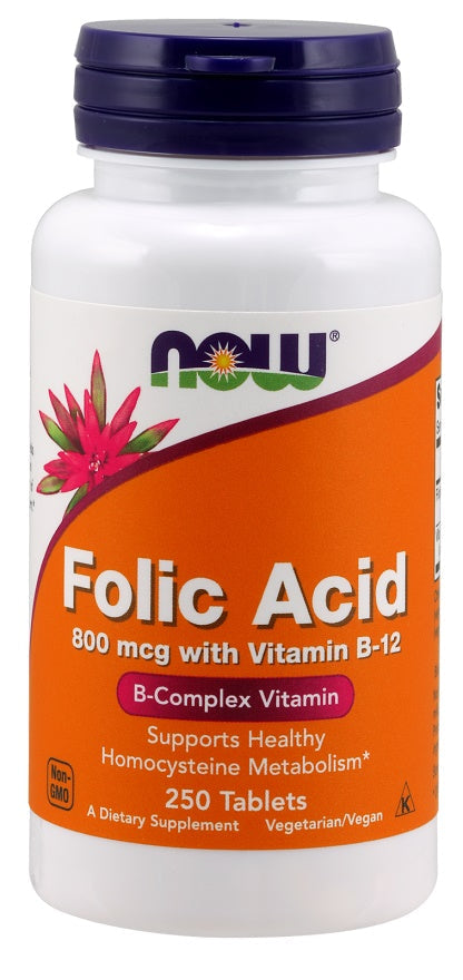 Folic Acid with Vitamin B12, 800mcg - 250 tabs - NOW Foods | WestPharmacy.nl - Vitamins