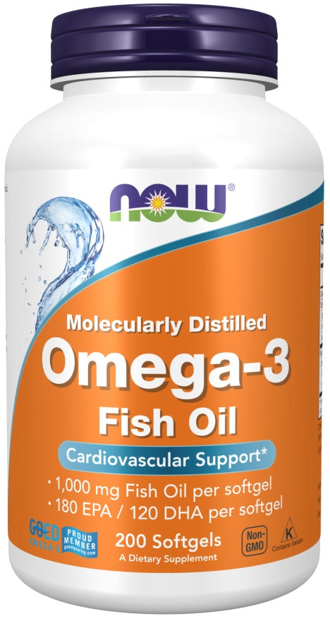 Omega-3 Fish Oil, Molecularly Distilled - 200 softgels - NOW Foods | WestPharmacy.nl - Fish Oil