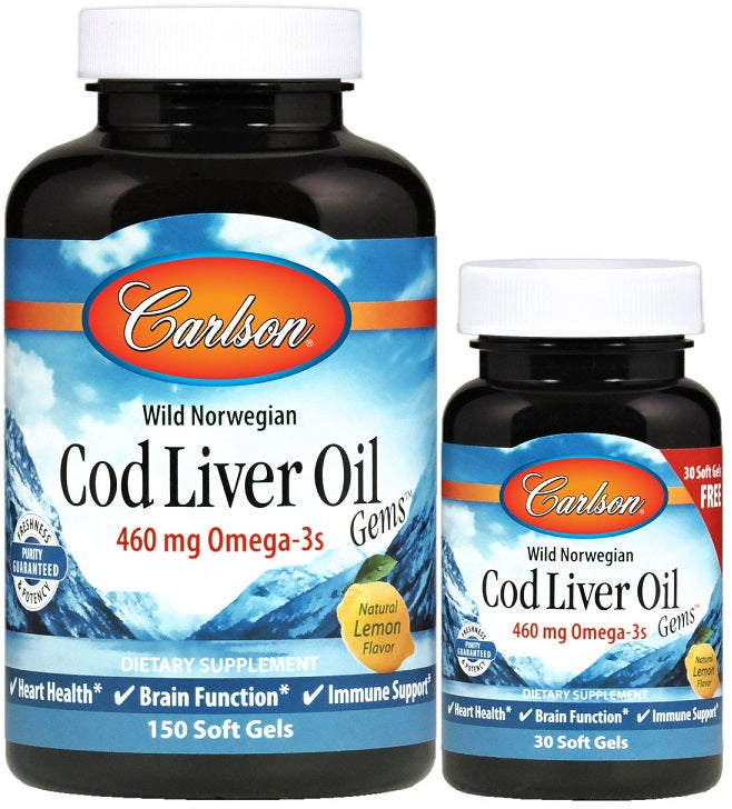 Wild Norwegian Cod Liver Oil Gems, 460mg - 150 + 30 softgels - Carlson Labs - Vaistine1.lt - WestPharmacy.eu