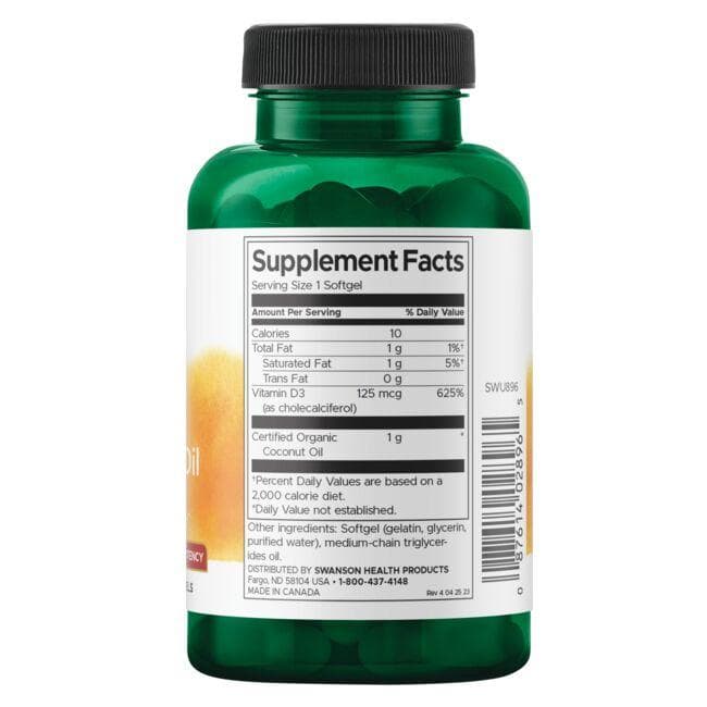 Vitamin D3 with Coconut Oil - 5000 IU - 125 mcg - N60 - Vitaminas D3 su kokosų aliejumi - Swanson - Vaistine1.lt